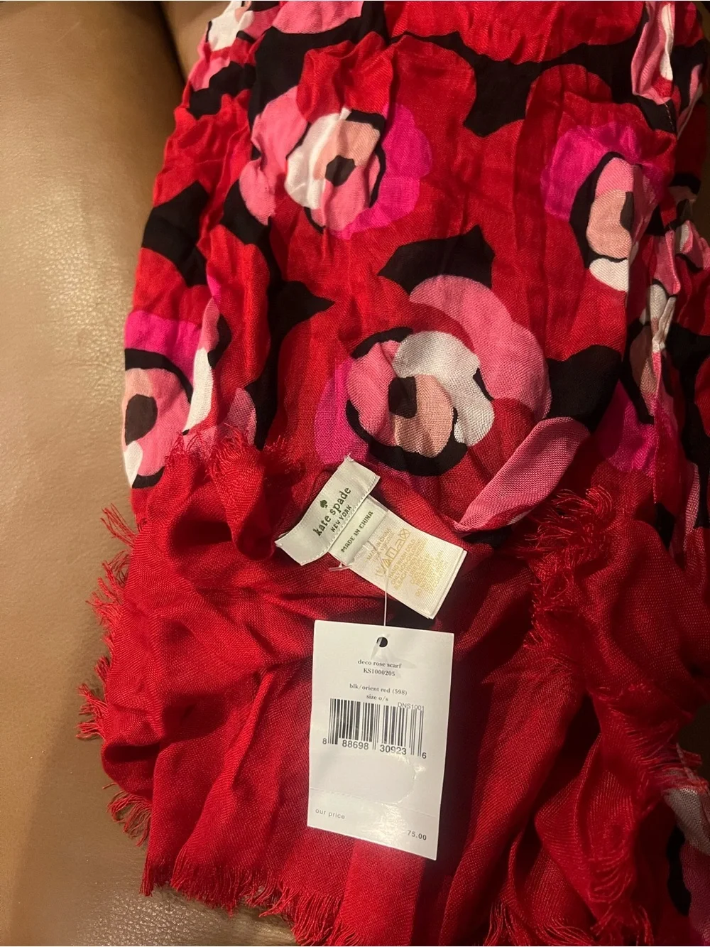 Kate Spade Vibrant Red & Pink Floral Print Women's Scarf in Deco Rose print NWT